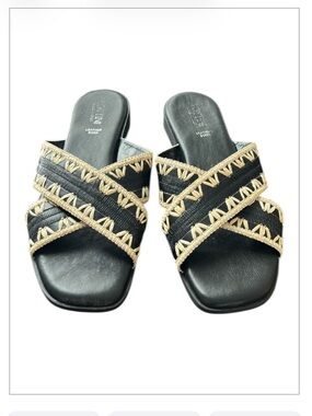 Lottini Made in Italy Leather Black Beige CrissCross Rafia Trim Leather Sandals